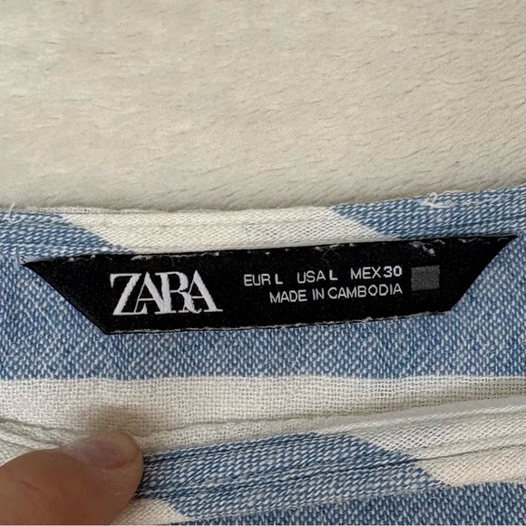 Zara Blue White Striped Linen Blend Short Sleeve Boxy Crop Top Womens Size L - Picture 5 of 9